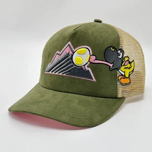 Cartoon Embroidered Suede Mesh Trucker Hat